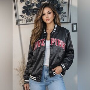 Victoria’s Secret PINK Black Satin Varsity Jacket Y2K Rare Logo Size Medium